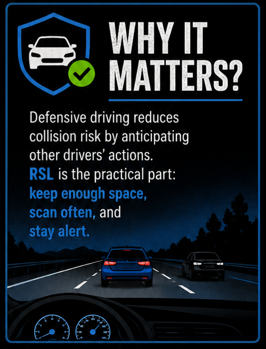 Why it matters: defensive driving reduces collision risk by anticipating other drivers' actions