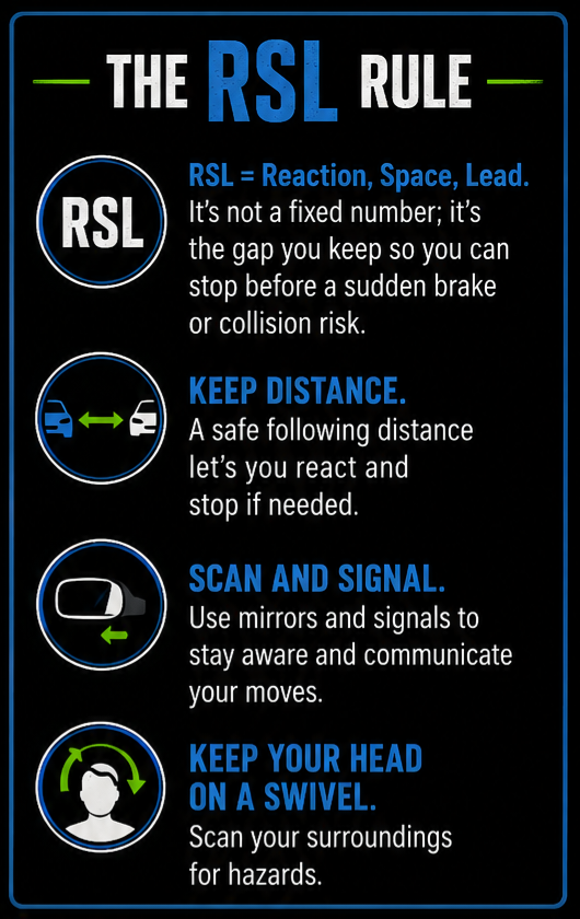 The RSL Rule: Reaction, Space, Lead — keep distance, scan and signal, keep your head on a swivel